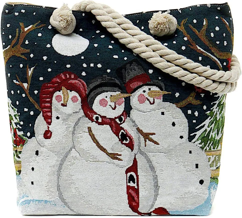 Christmas Holiday Handbag Tapestry Fabric Pattern Adjustable Shoulder Strap Foldable Seasonal 16"x14"
