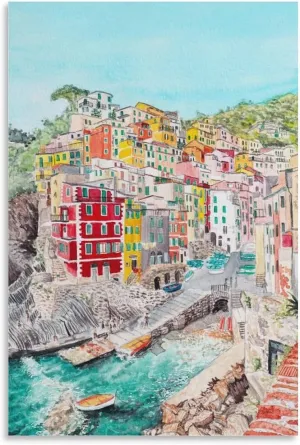 Cinque Terre Travel Watercolor Print Cityscape Art Poster Canvas Wall Art Poster For Room Aesthetics And Decor Pictures For Living Room Bedroom Decor08x12inch(20x30cm)