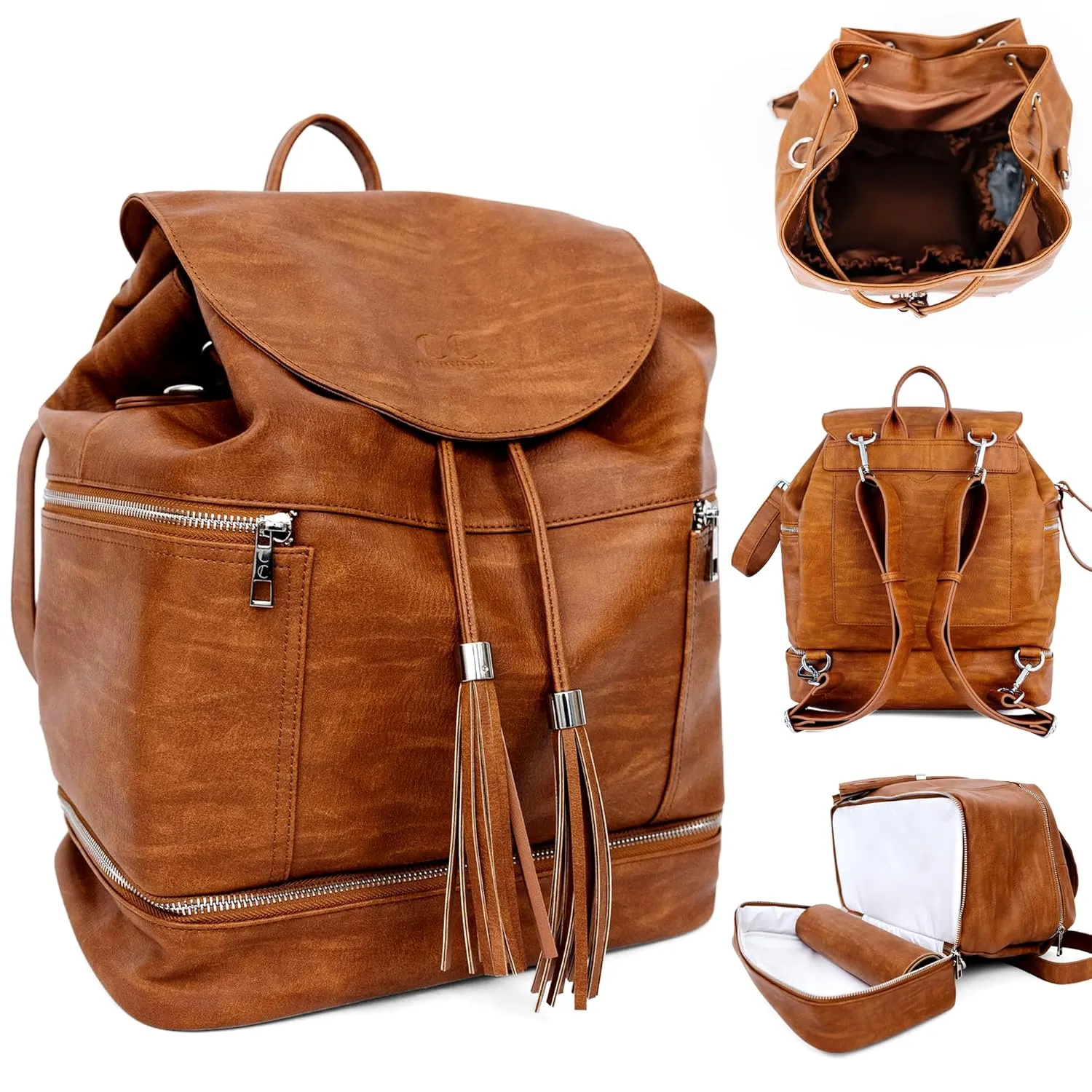 Citi Collective Journey Vintage Tan Leather Diaper Bag Backpack | Elegant, Multifunctional, Travel Diaper Bag with Stroller Straps & Insulated Bottle Pockets