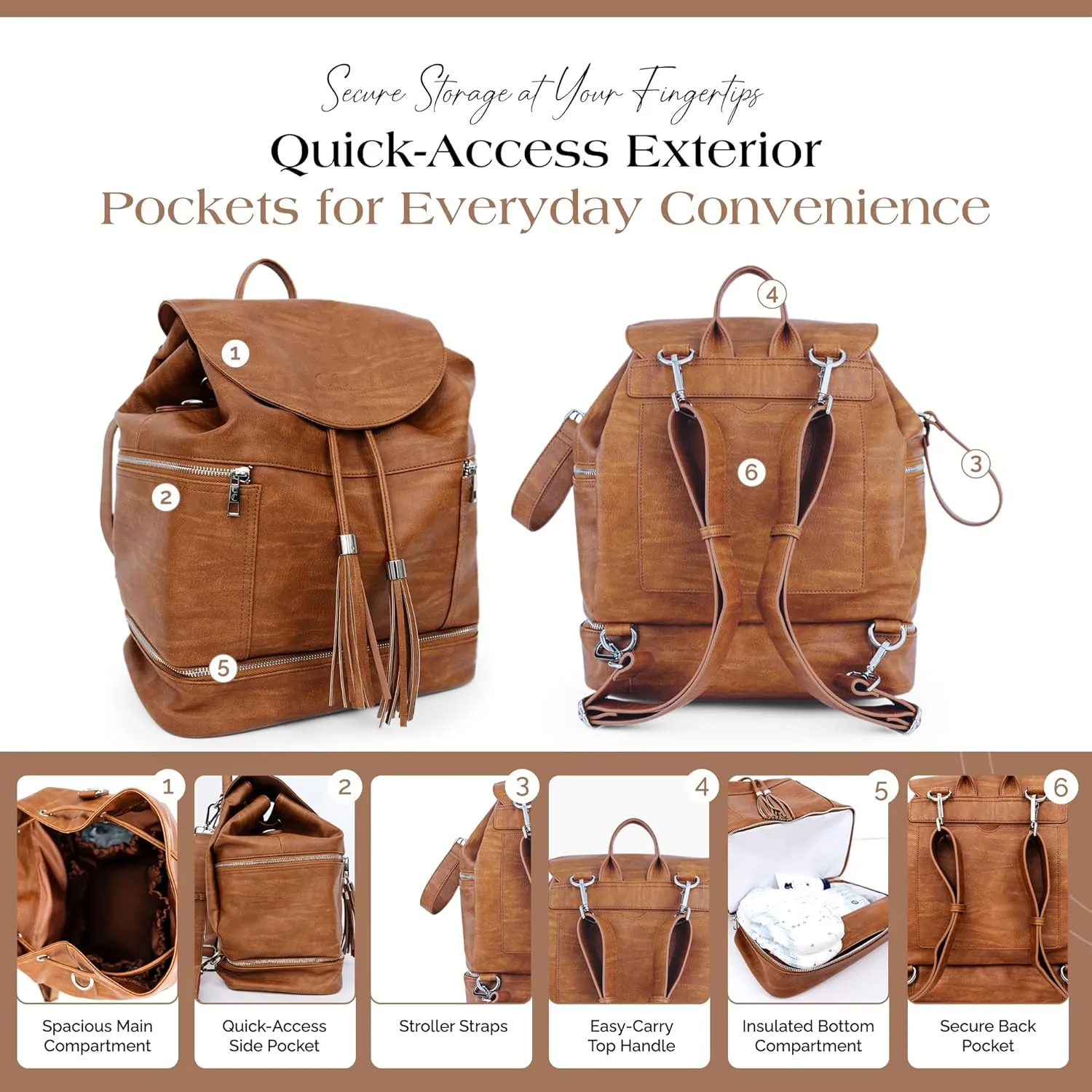 Citi Collective Journey Vintage Tan Leather Diaper Bag Backpack | Elegant, Multifunctional, Travel Diaper Bag with Stroller Straps & Insulated Bottle Pockets
