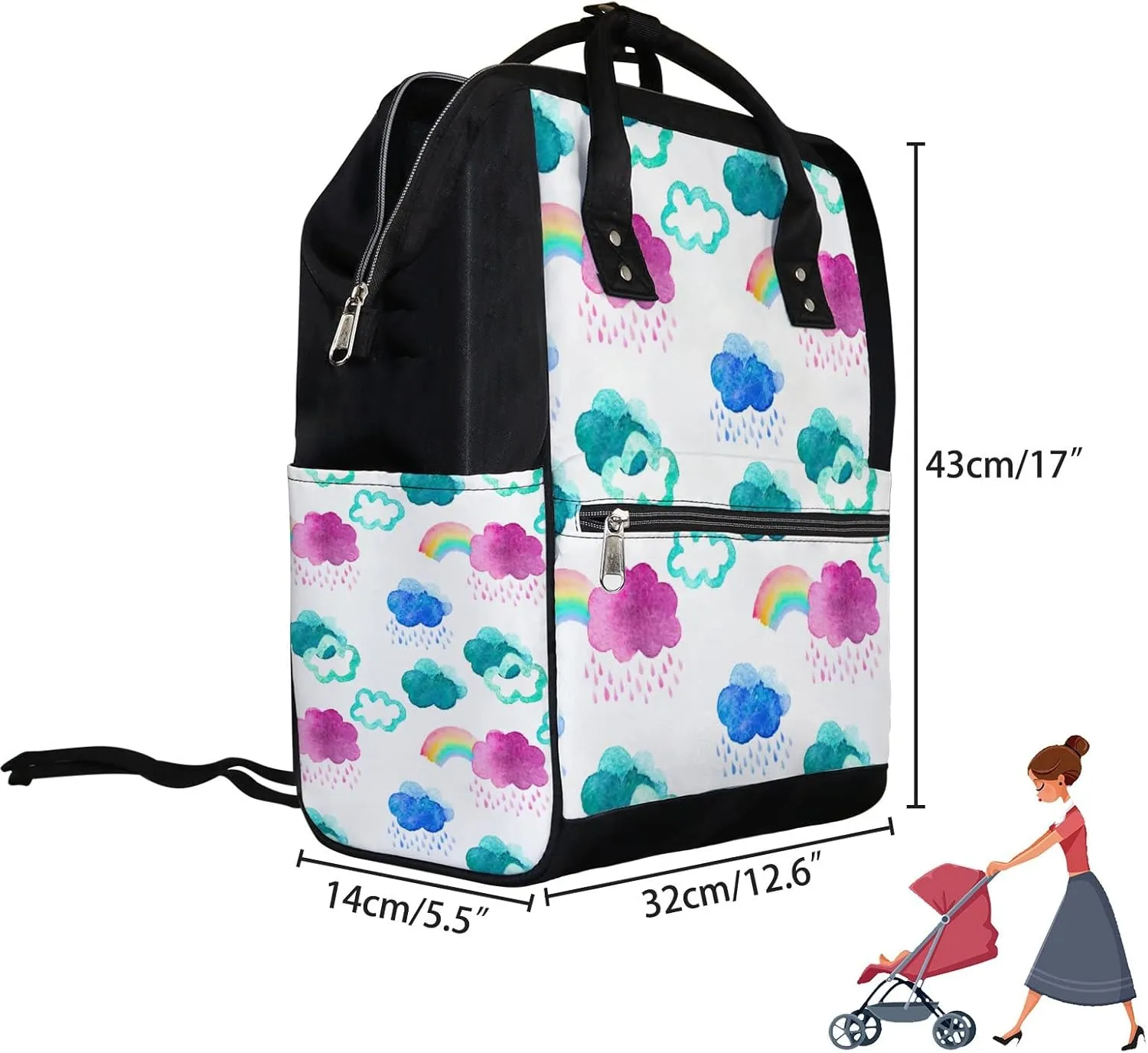 Clouds Rain Rainbows Diaper Bag Backpack Waterproof Backpack Baby Nappy Changing Bag for Travel Large Capacity Durable and Stylish for Woman