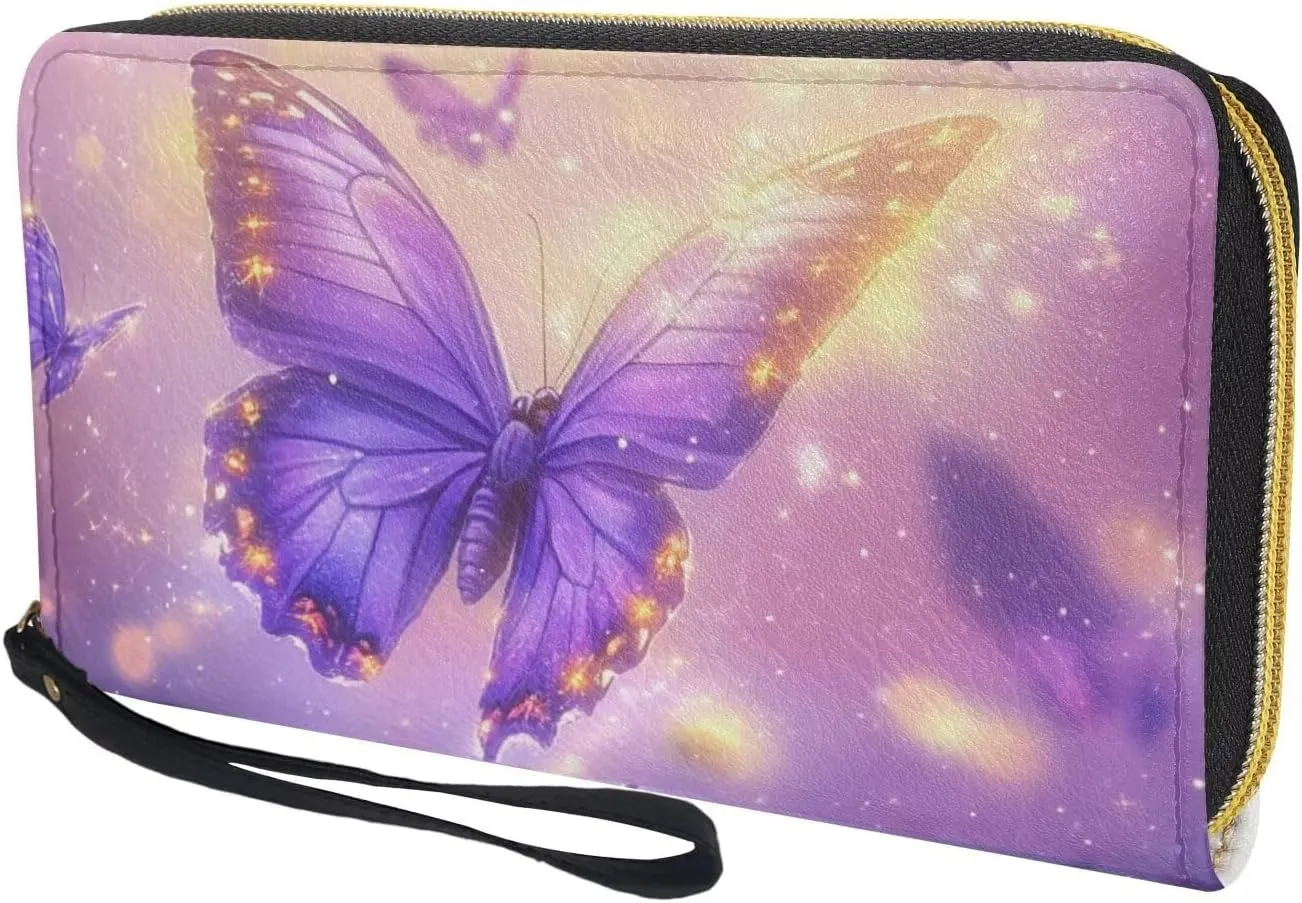 COEQINE Purple Butterfly Wallets For Women Leather Slim Zip Around Wallet Clutch Wristlet Travel Long Purse for Woman Travel Sport Outdoor Hiking Lade Birthday Graduation Gift