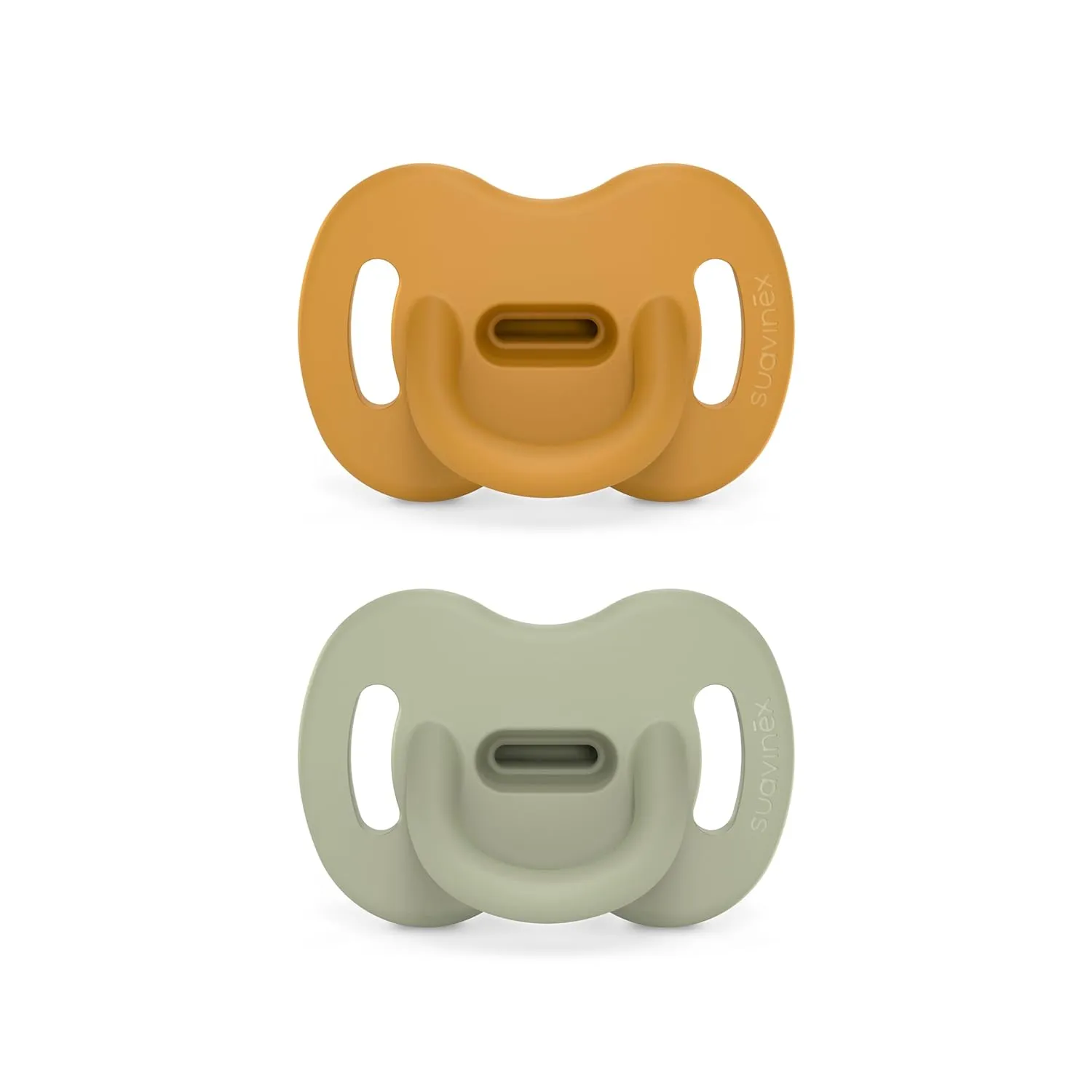 Color Essence SX PRO Silicone Baby Pacifier 2Pk, Made with 100% Soft Silicone, Baby Essentials Perfect for Breastfeeding Babies, Designed in Spain, 6-18 Mths, Mustard/Green
