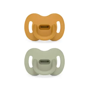 Color Essence SX PRO Silicone Baby Pacifier 2Pk, Made with 100% Soft Silicone, Baby Essentials Perfect for Breastfeeding Babies, Designed in Spain, 6-18 Mths, Mustard/Green
