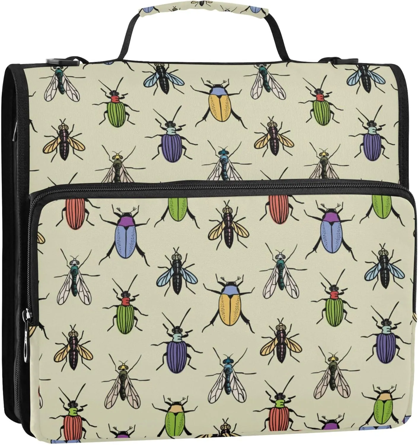 Colorful Bugs Beetles Insects Zipper Binder, 1.5 inch 3 Ring Binder Organizer Bag with Shoulder Strap and Handle, 500 Sheet Capacity