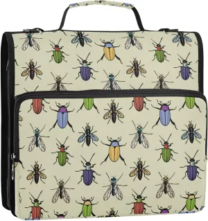 Colorful Bugs Beetles Insects Zipper Binder, 1.5 inch 3 Ring Binder Organizer Bag with Shoulder Strap and Handle, 500 Sheet Capacity