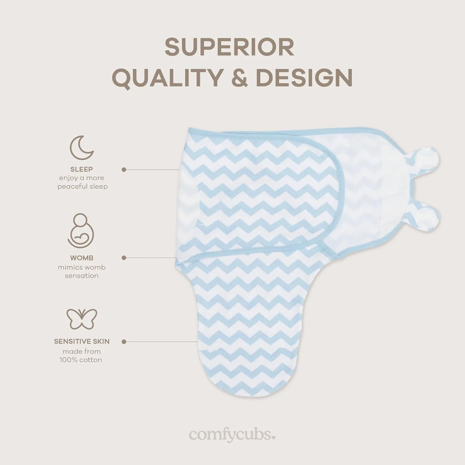 Comfy Cubs Easy Swaddle Blanket, 3 Pack - 100% Cotton Newborn Wrap, Small for 0-3 Months Infants, with Adjustable Velcro, Breathable and Durable Sleep Sack for Babies - Blue
