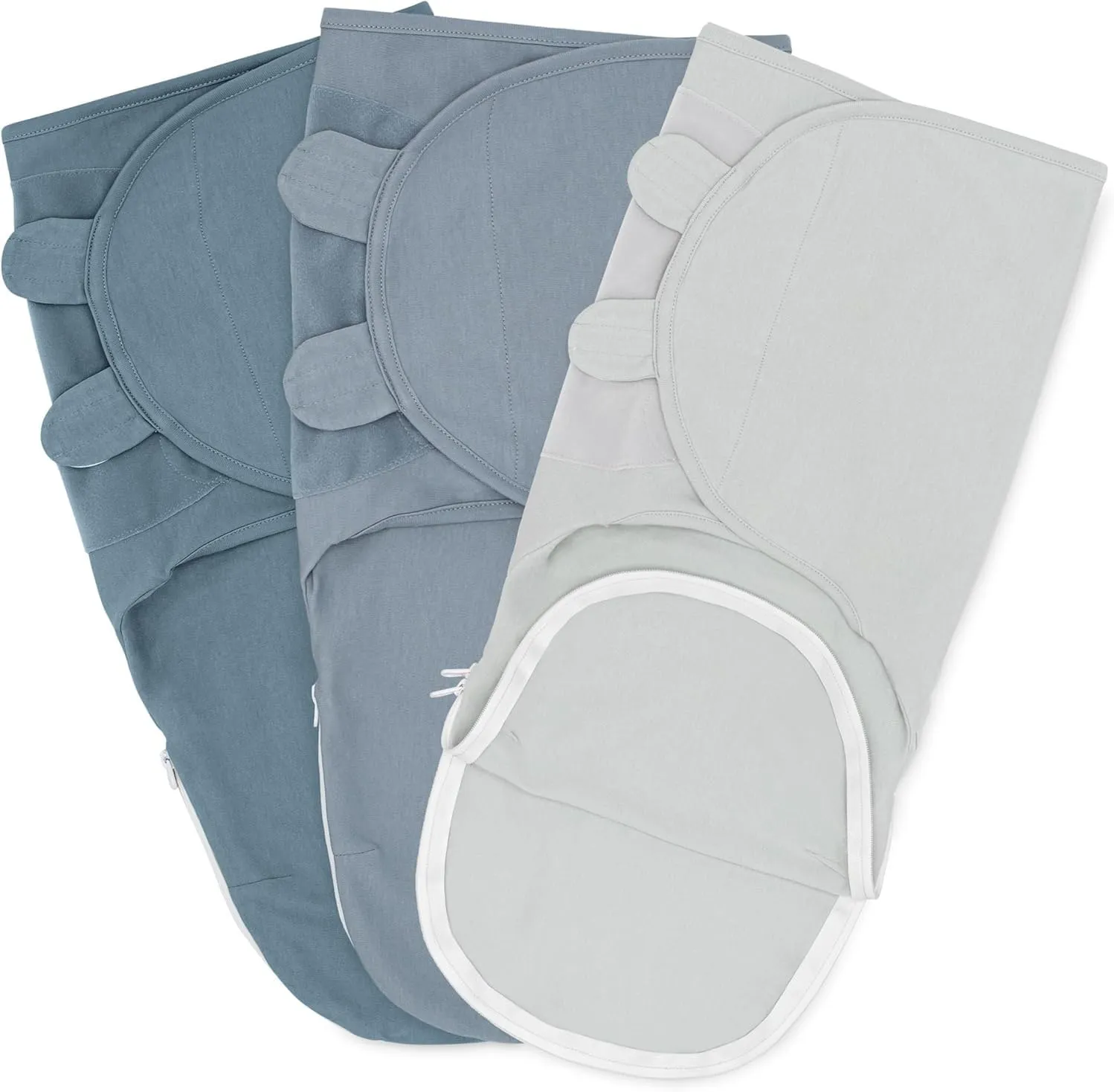 Comfy Cubs Easy Swaddle Blanket with Zipper Closure, 3 Pack - 100% Cotton Newborn Wrap, Small for 0-3 Months Infants, Breathable and Durable Sleep Sack for Babies - Stone, Pacific Blue, Nomadic Blue