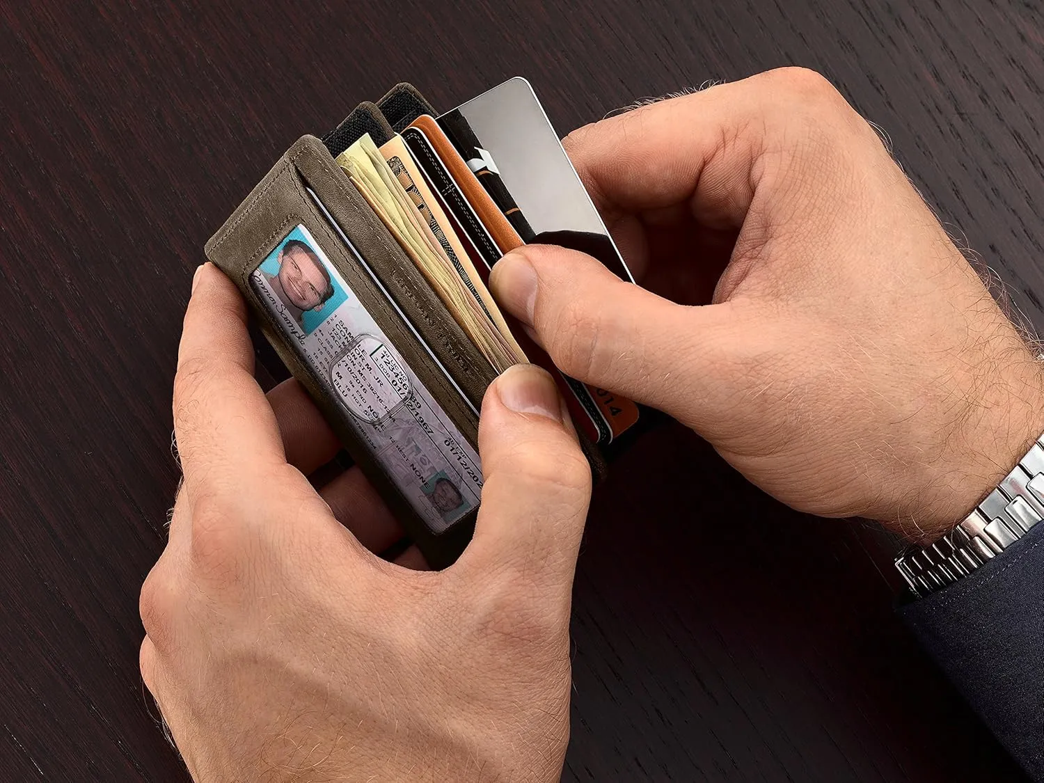 Compact RFID Sleeve Wallet Premium Leather Minimalist Money Clip Card Holder 10 Cards