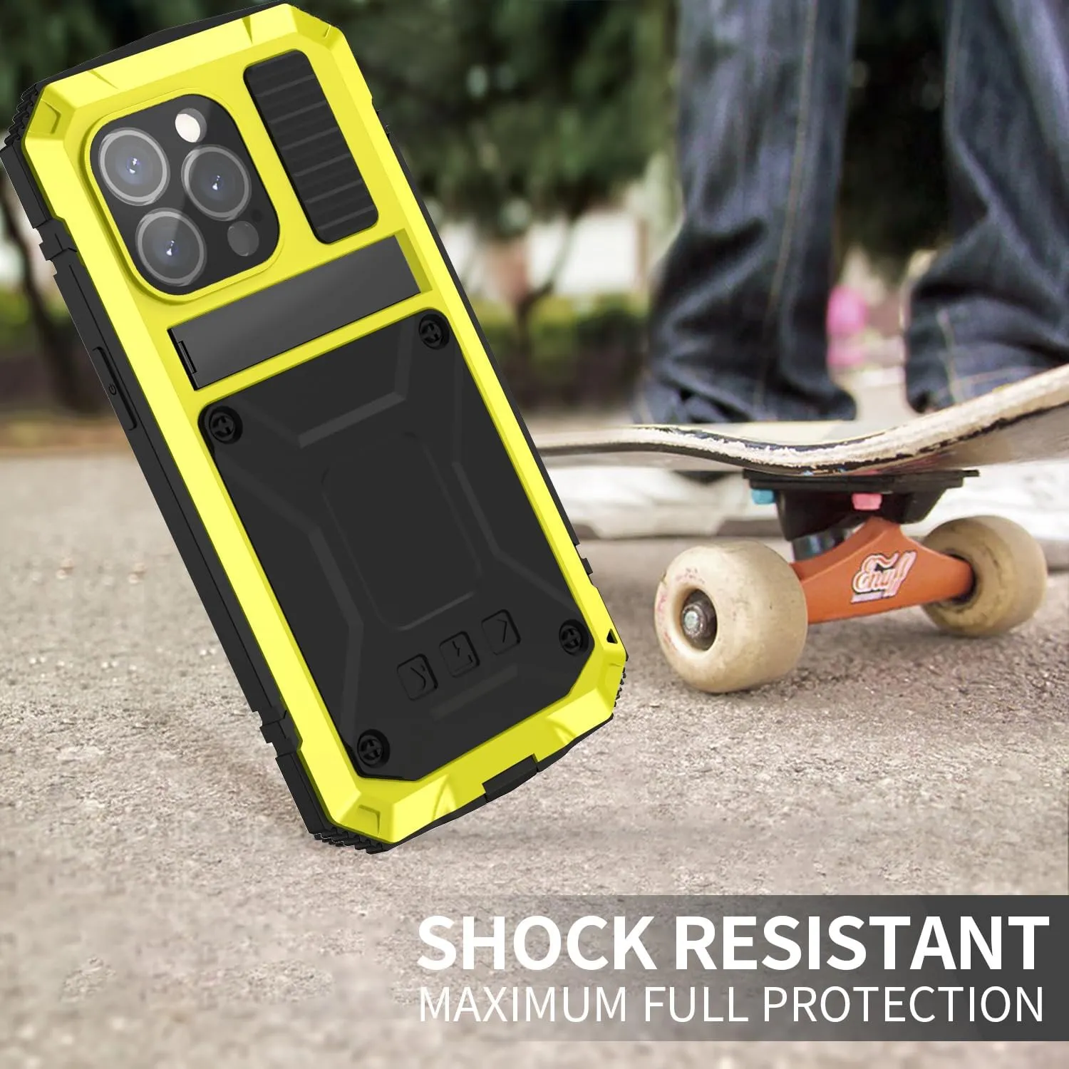 Compatible with iPhone 15 Metal Case with Screen Protector Camera Protector Military Rugged Heavy Duty Shockproof Case with Metal Kickstand Full Body Tough Dustproof Case (Yellow)