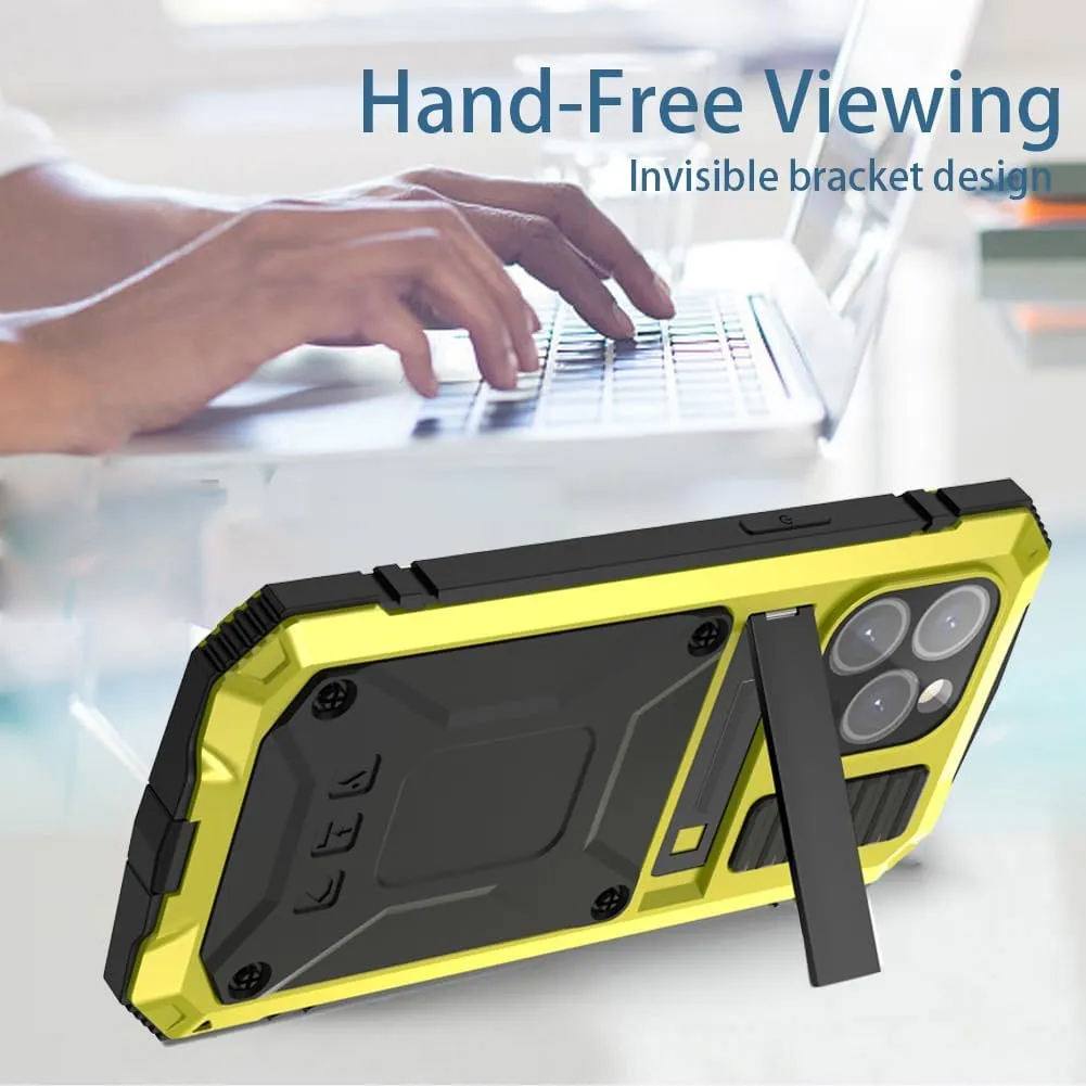 Compatible with iPhone 15 Metal Case with Screen Protector Camera Protector Military Rugged Heavy Duty Shockproof Case with Metal Kickstand Full Body Tough Dustproof Case (Yellow)