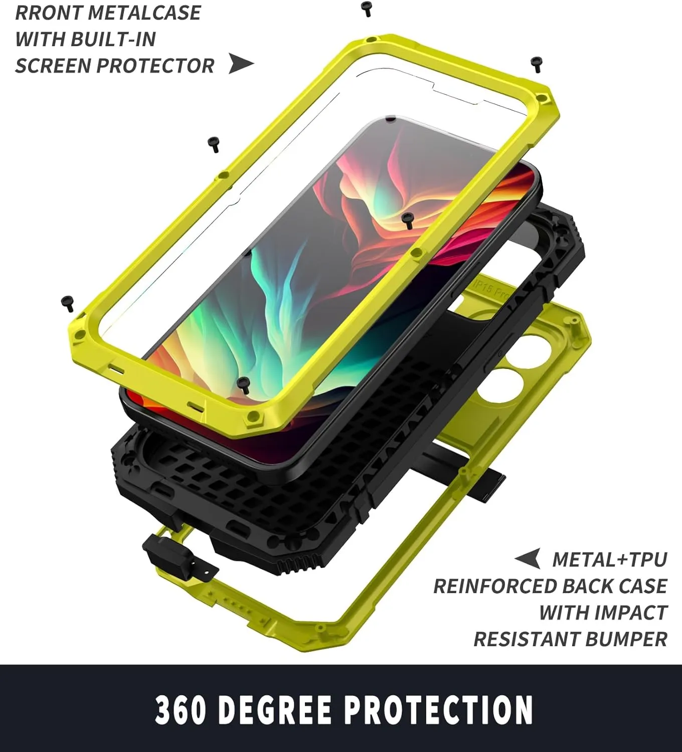 Compatible with iPhone 15 Metal Case with Screen Protector Camera Protector Military Rugged Heavy Duty Shockproof Case with Metal Kickstand Full Body Tough Dustproof Case (Yellow)