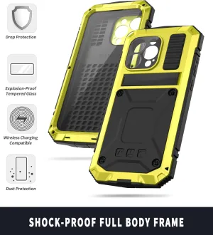 Compatible with iPhone 15 Metal Case with Screen Protector Camera Protector Military Rugged Heavy Duty Shockproof Case with Metal Kickstand Full Body Tough Dustproof Case (Yellow)