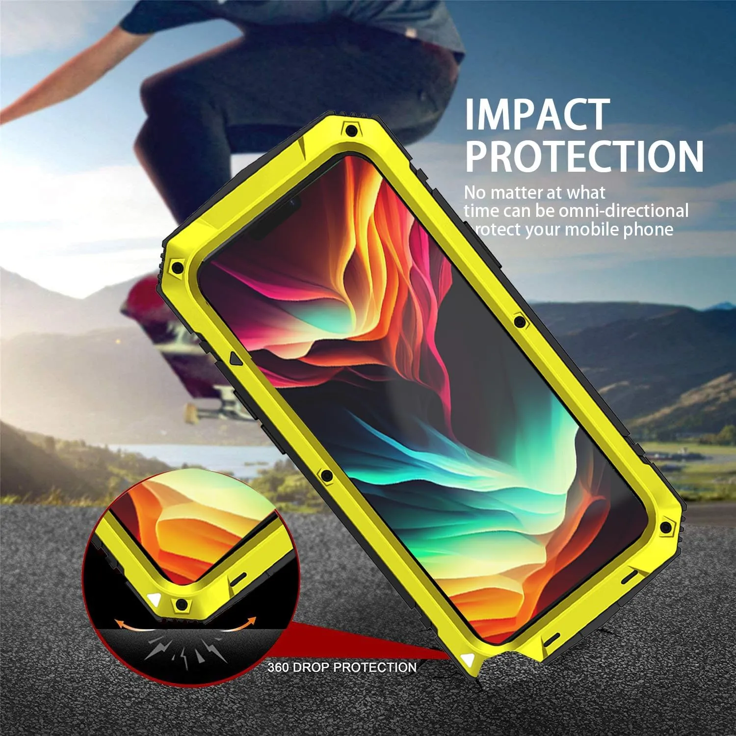 Compatible with iPhone 15 Metal Case with Screen Protector Camera Protector Military Rugged Heavy Duty Shockproof Case with Metal Kickstand Full Body Tough Dustproof Case (Yellow)