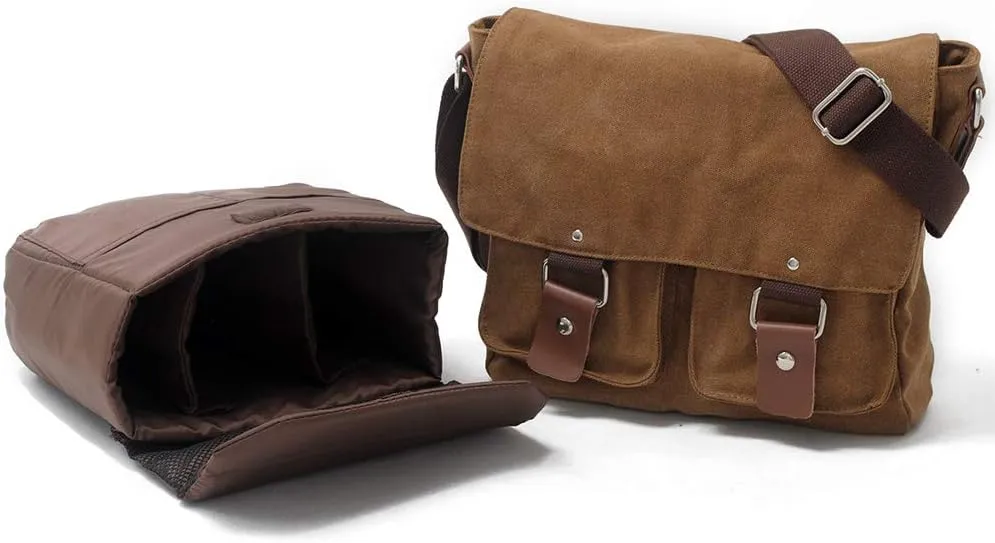 Compatible with/Replacement Vintage Waterproof Canvas Leather Trim DSLR SLR Shockproof Camera Shoulder Messenger Bag (Coffe)
