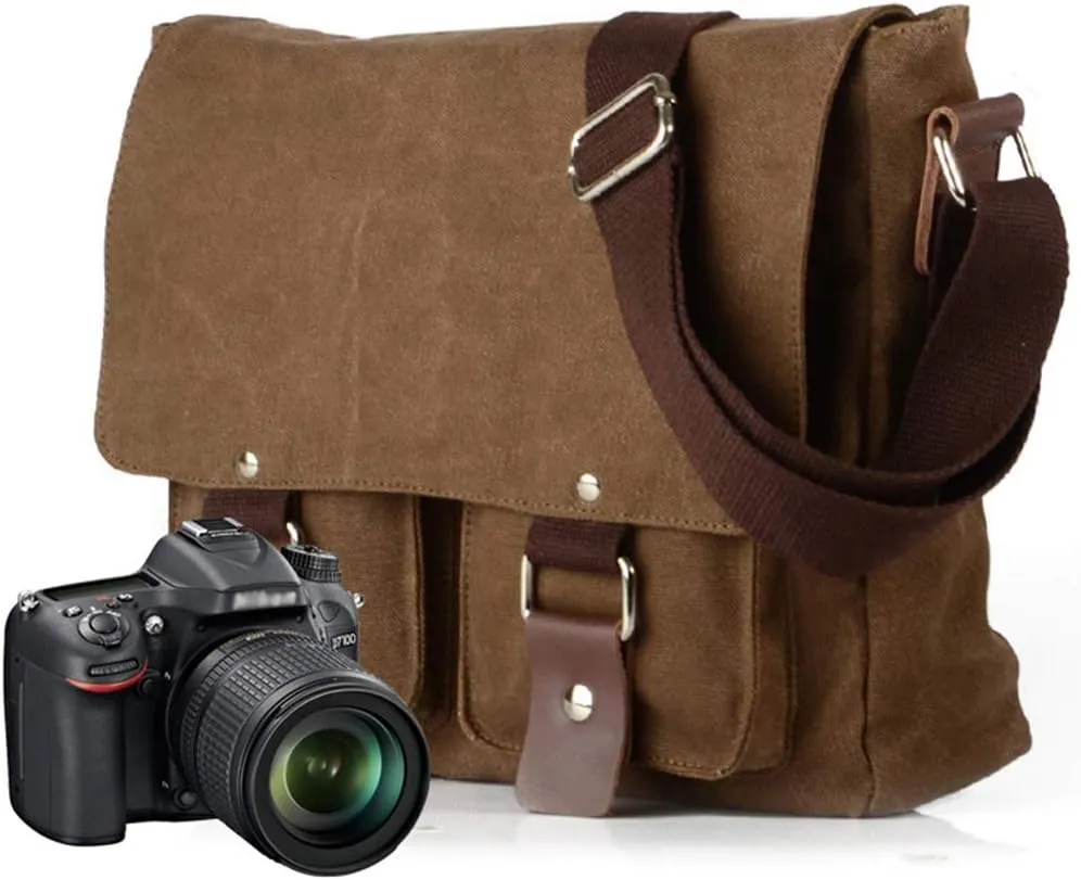 Compatible with/Replacement Vintage Waterproof Canvas Leather Trim DSLR SLR Shockproof Camera Shoulder Messenger Bag (Coffe)