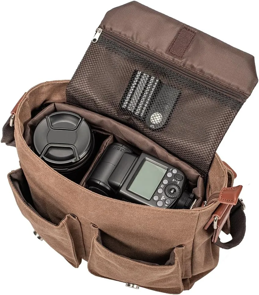 Compatible with/Replacement Vintage Waterproof Canvas Leather Trim DSLR SLR Shockproof Camera Shoulder Messenger Bag (Coffe)