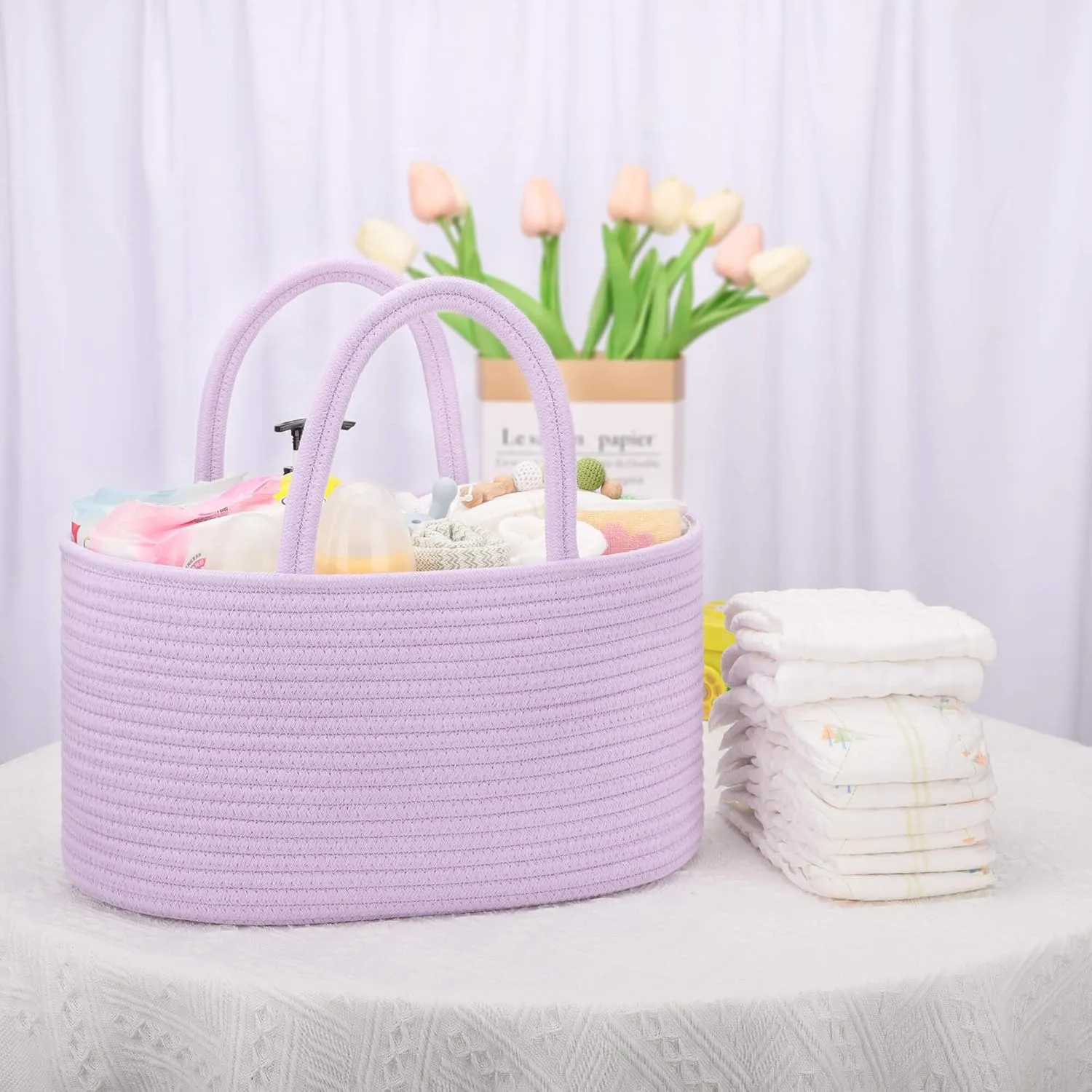 COMSE Baby Diaper Caddy Organizer, Car Caddy, Diaper Change Organizer, Gift Baskets Empty, Portable Tote Bag with Divider, Baby Shower Gifts Newborn Essentials Registry Must Have, Purple