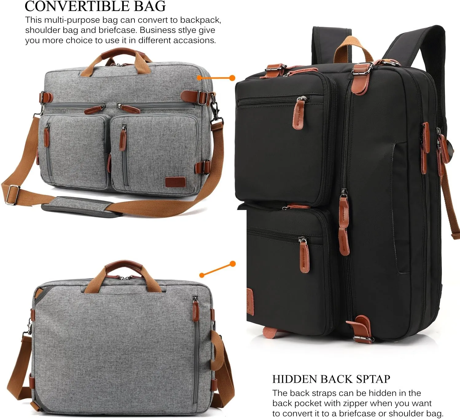 Convertible Backpack Messenger Shoulder bag Laptop Case Handbag Business Briefcase Multi-functional Travel Rucksack Fits 17.3 Inch Laptop For Men/Women (Grey)