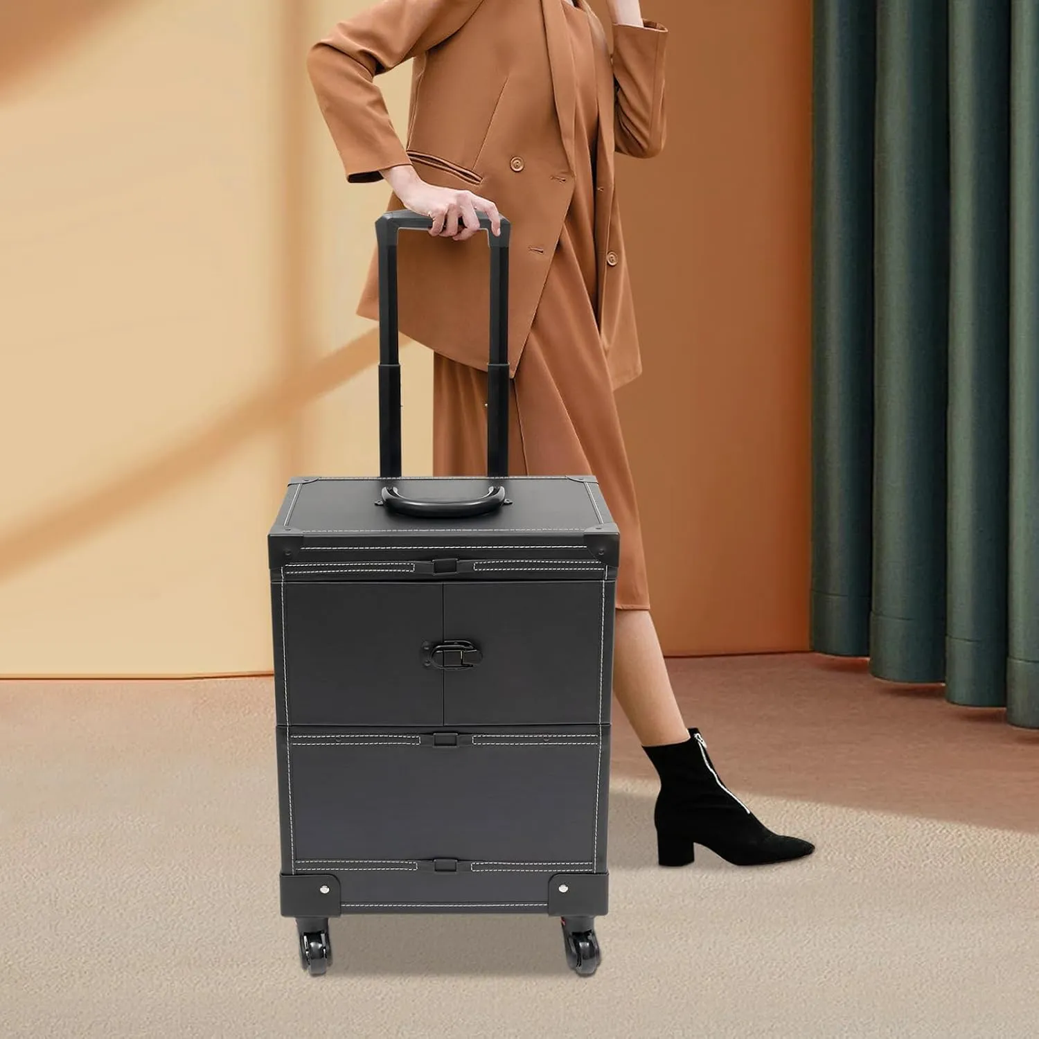 Cosmetic Case with Trolly for Women, Makeup Train Case Large Storage Cosmetic Trolley, Rolling Trolley Wheels Beauty Embroidery Nail Art Tool (Black)