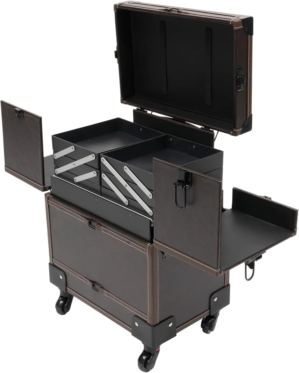 Cosmetic Case with Trolly for Women, Makeup Train Case Large Storage Cosmetic Trolley, Rolling Trolley Wheels Beauty Embroidery Nail Art Tool (Brown)