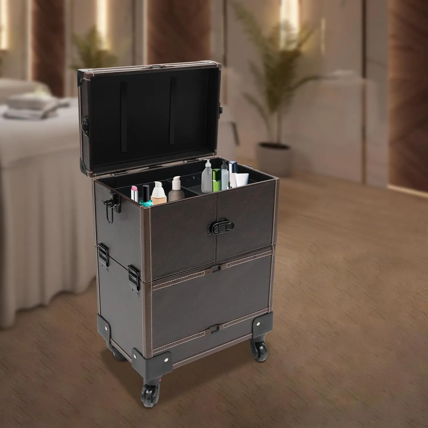 Cosmetic Case with Trolly for Women, Makeup Train Case Large Storage Cosmetic Trolley, Rolling Trolley Wheels Beauty Embroidery Nail Art Tool (Brown)