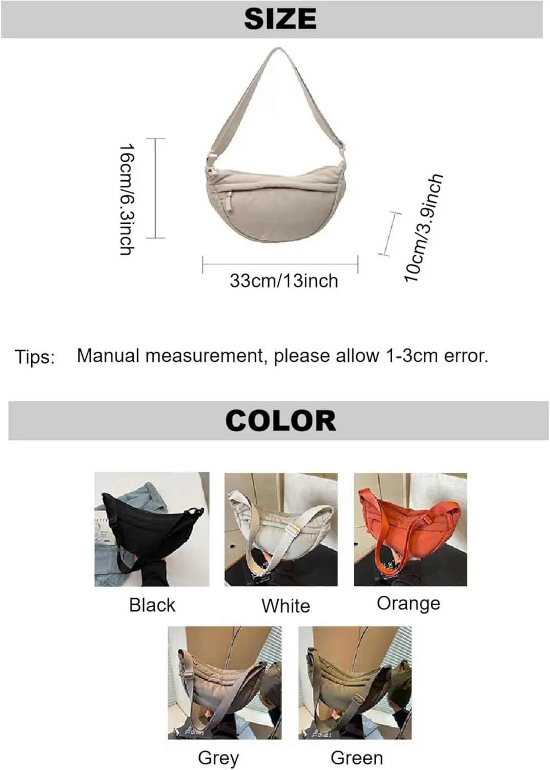 Crescent Bag Nylon Shoulder Bag Dumpling Bag with Zipper for Woman Half Moon Bag with Adjustable Strap for Everyday Use (Beige)