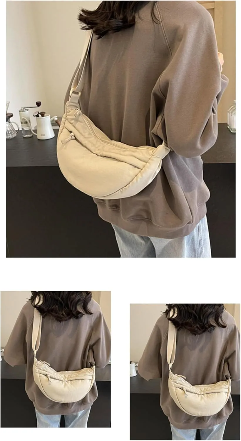 Crescent Bag Nylon Shoulder Bag Dumpling Bag with Zipper for Woman Half Moon Bag with Adjustable Strap for Everyday Use (Beige)