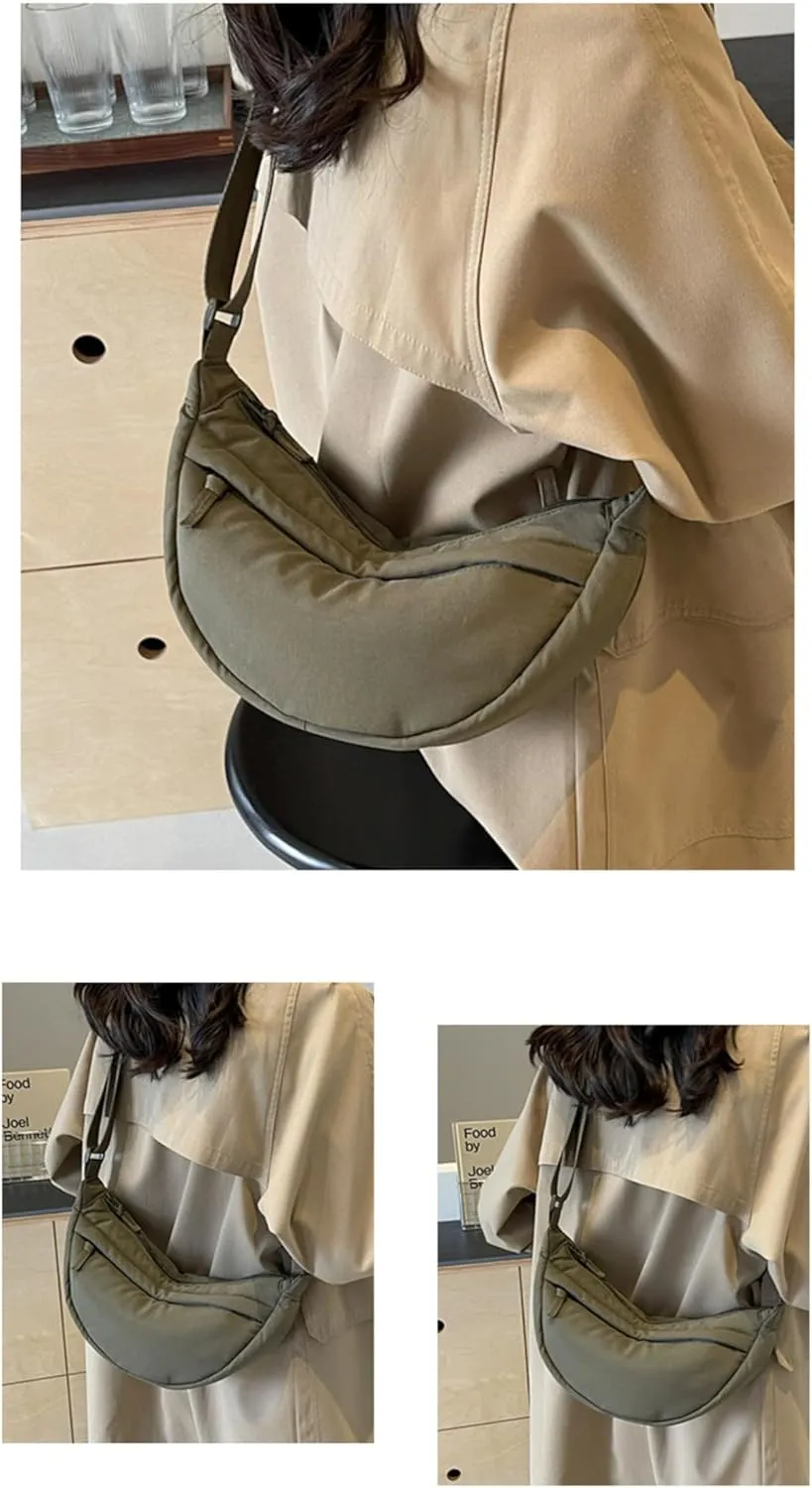 Crescent Bag Nylon Shoulder Bag Dumpling Bag with Zipper for Woman Half Moon Bag with Adjustable Strap for Everyday Use (Green)