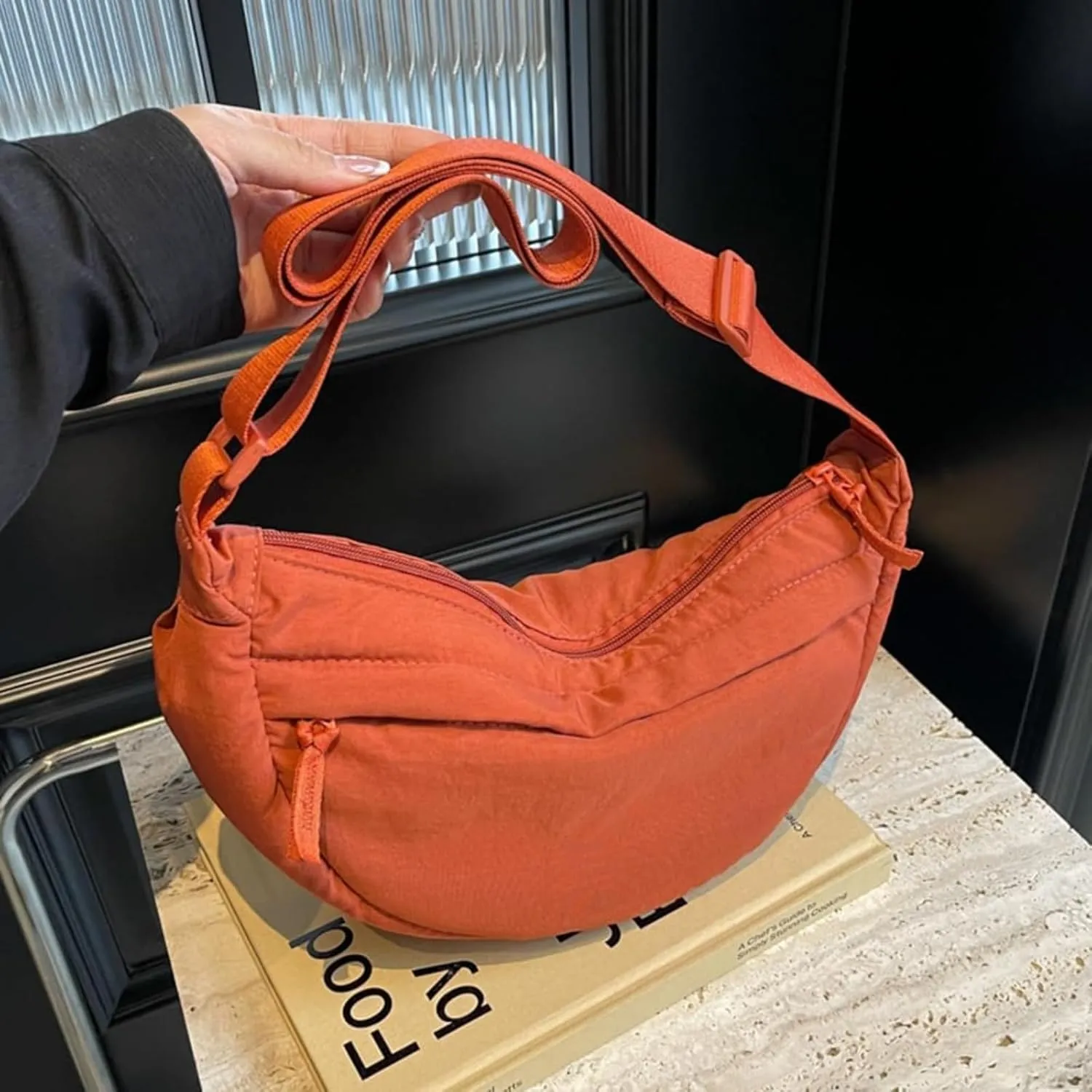 Crescent Bag Nylon Shoulder Bag Dumpling Bag with Zipper for Woman Half Moon Bag with Adjustable Strap for Everyday Use (Orange)
