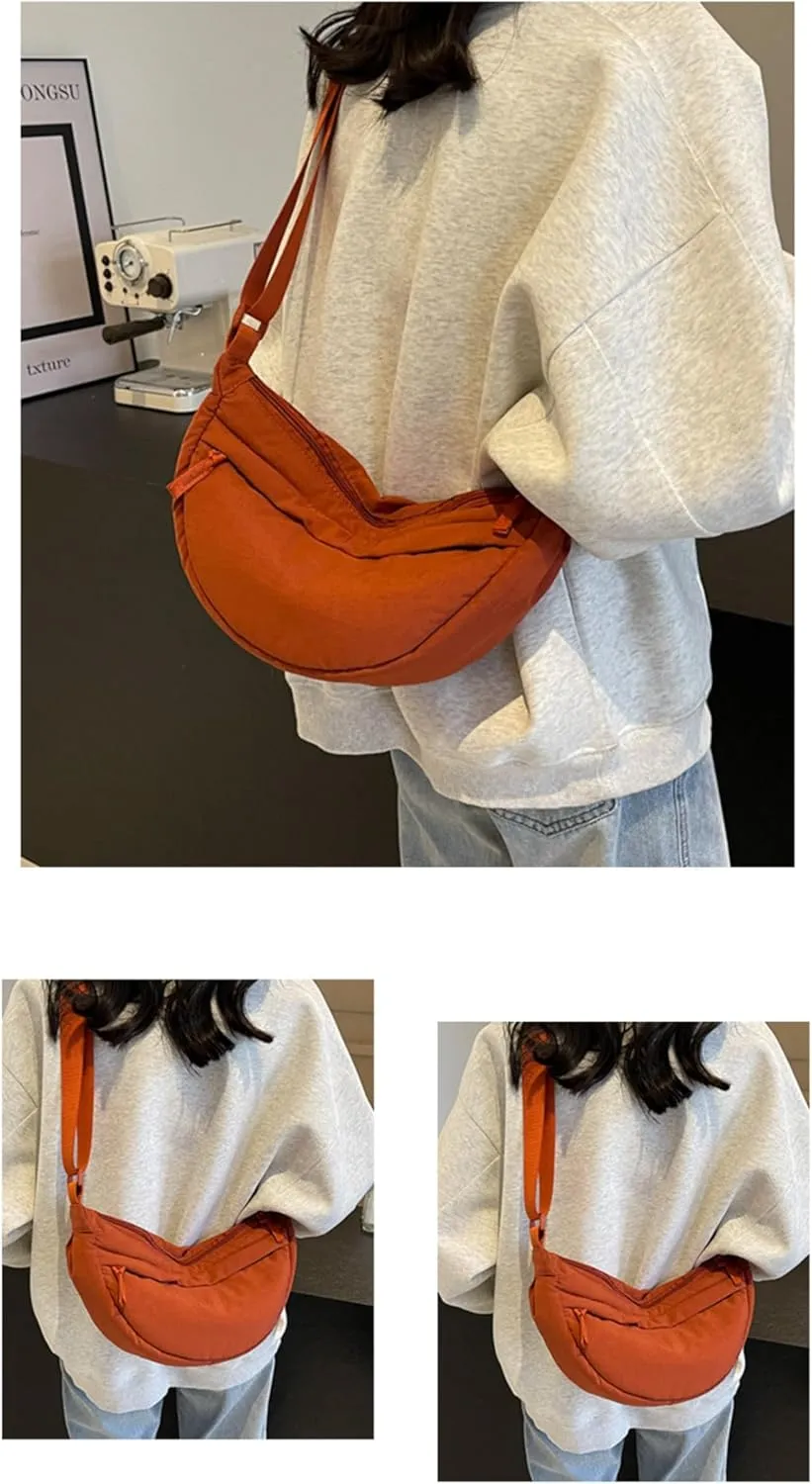 Crescent Bag Nylon Shoulder Bag Dumpling Bag with Zipper for Woman Half Moon Bag with Adjustable Strap for Everyday Use (Orange)