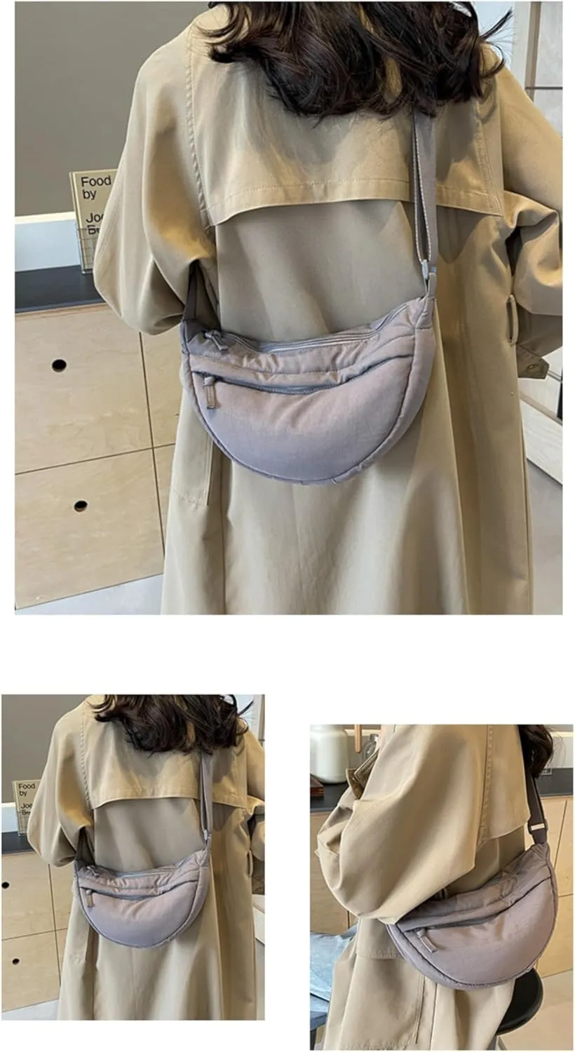 Crescent Bag Nylon Shoulder Handbag Dumpling Bag with Zipper for Women, Grey, 330 X 160 X 100 mm / 12.99 X 6.30 X 3.94 inches