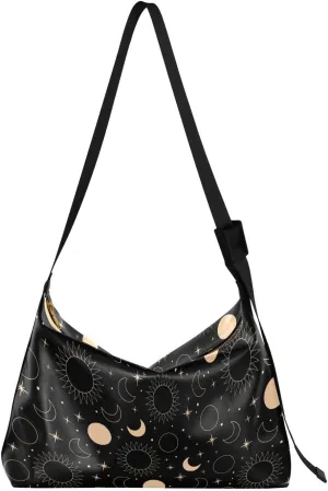 Crossbody Bag for Women Men Trendy Mystical Sun Moon Stars Leather Casual Hobo Shoulder Bags Purses with Adjustable Strap Cartoon Fashion Large Sling Handbag