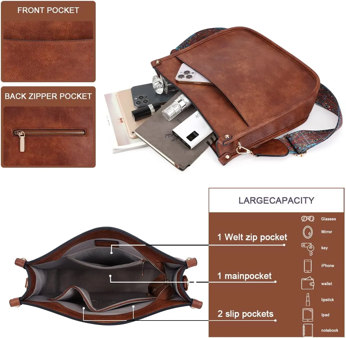 Crossbody Bag Women Vegan Leather Hobo Handbag Trendy Crossbody Shoulder Bag Purses For Women with 2 Adjustable Strap
