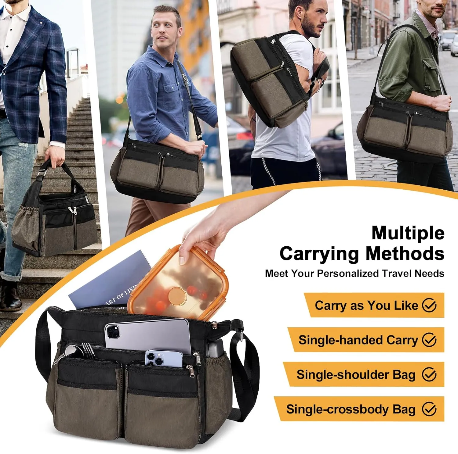Crossbody Lunch Box, Large Insulated Lunch Bag for Men Women Adult, Leakproof Shoulder Lunchbox with Side Poket for Laptop iPad Water Bottle, Cooler Messenger Bag for Work Office Picnic