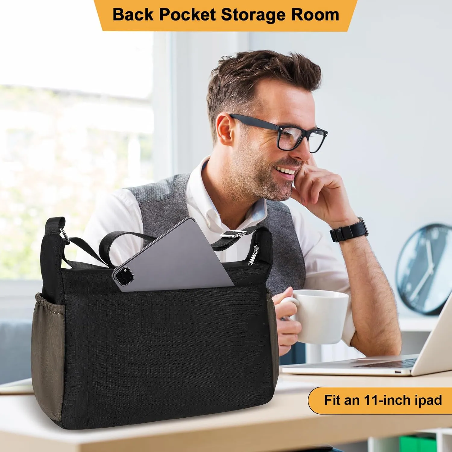 Crossbody Lunch Box, Large Insulated Lunch Bag for Men Women Adult, Leakproof Shoulder Lunchbox with Side Poket for Laptop iPad Water Bottle, Cooler Messenger Bag for Work Office Picnic