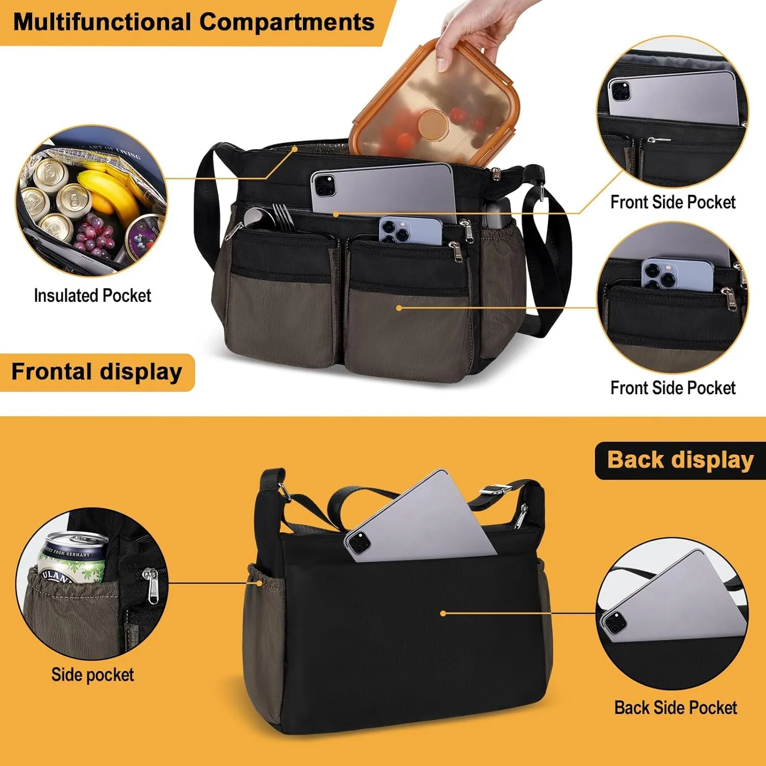 Crossbody Lunch Box, Large Insulated Lunch Bag for Men Women Adult, Leakproof Shoulder Lunchbox with Side Poket for Laptop iPad Water Bottle, Cooler Messenger Bag for Work Office Picnic