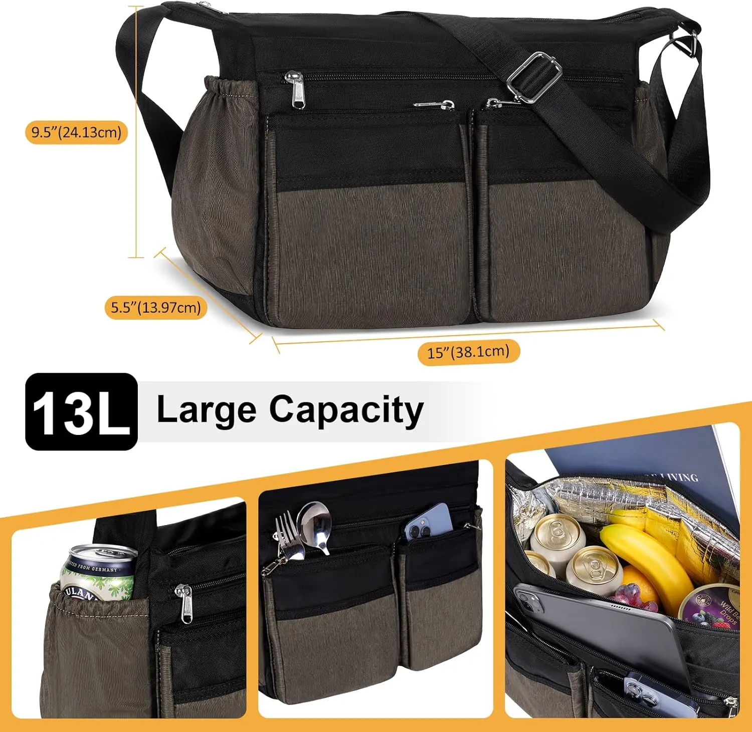 Crossbody Lunch Box, Large Insulated Lunch Bag for Men Women Adult, Leakproof Shoulder Lunchbox with Side Poket for Laptop iPad Water Bottle, Cooler Messenger Bag for Work Office Picnic