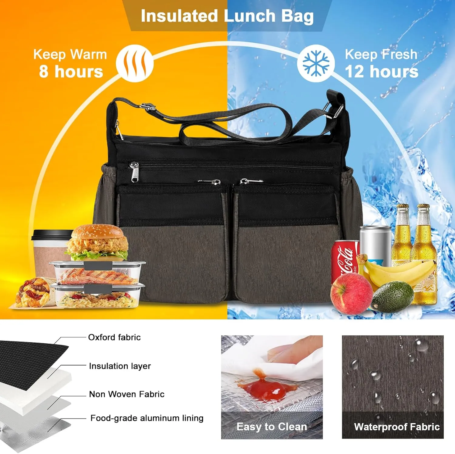 Crossbody Lunch Box, Large Insulated Lunch Bag for Men Women Adult, Leakproof Shoulder Lunchbox with Side Poket for Laptop iPad Water Bottle, Cooler Messenger Bag for Work Office Picnic
