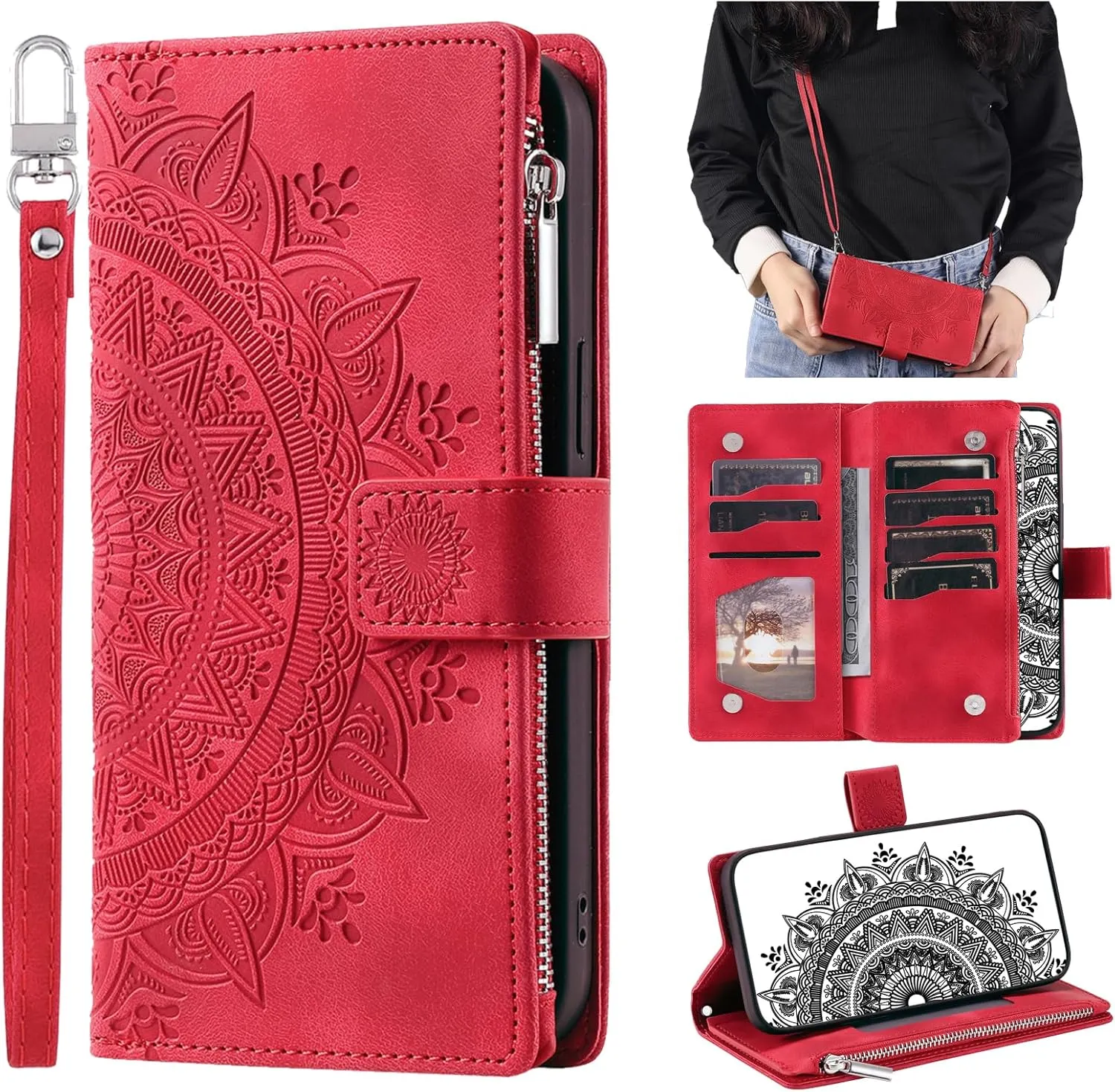 Crossbody Wallet Case for iPhone 14 Pro, Leather Case with Lanyard Strap Wristlet Zipper Card Holder, Flip Phone case Cover for iPhone 14 Pro (Red)