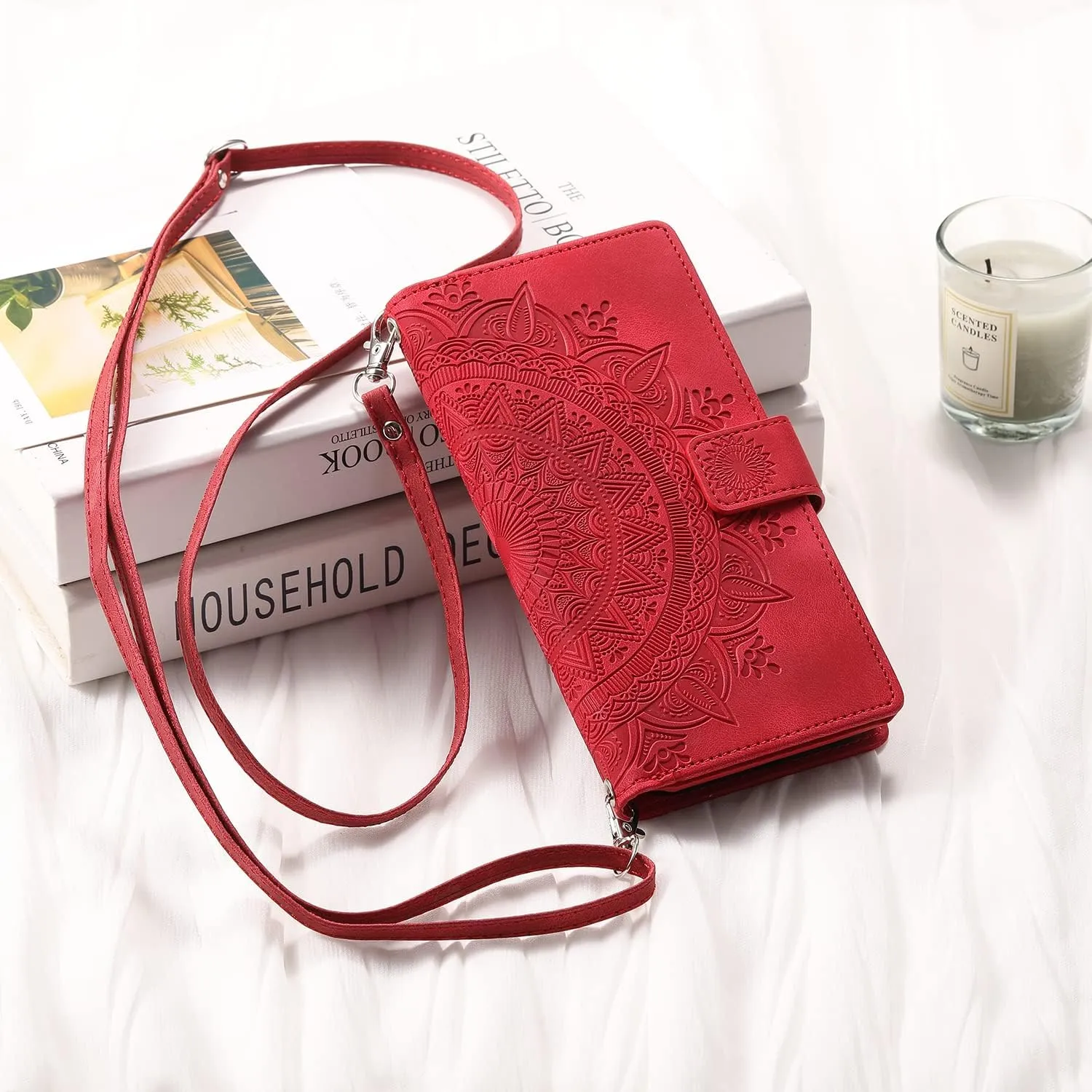 Crossbody Wallet Case for iPhone 14 Pro, Leather Case with Lanyard Strap Wristlet Zipper Card Holder, Flip Phone case Cover for iPhone 14 Pro (Red)