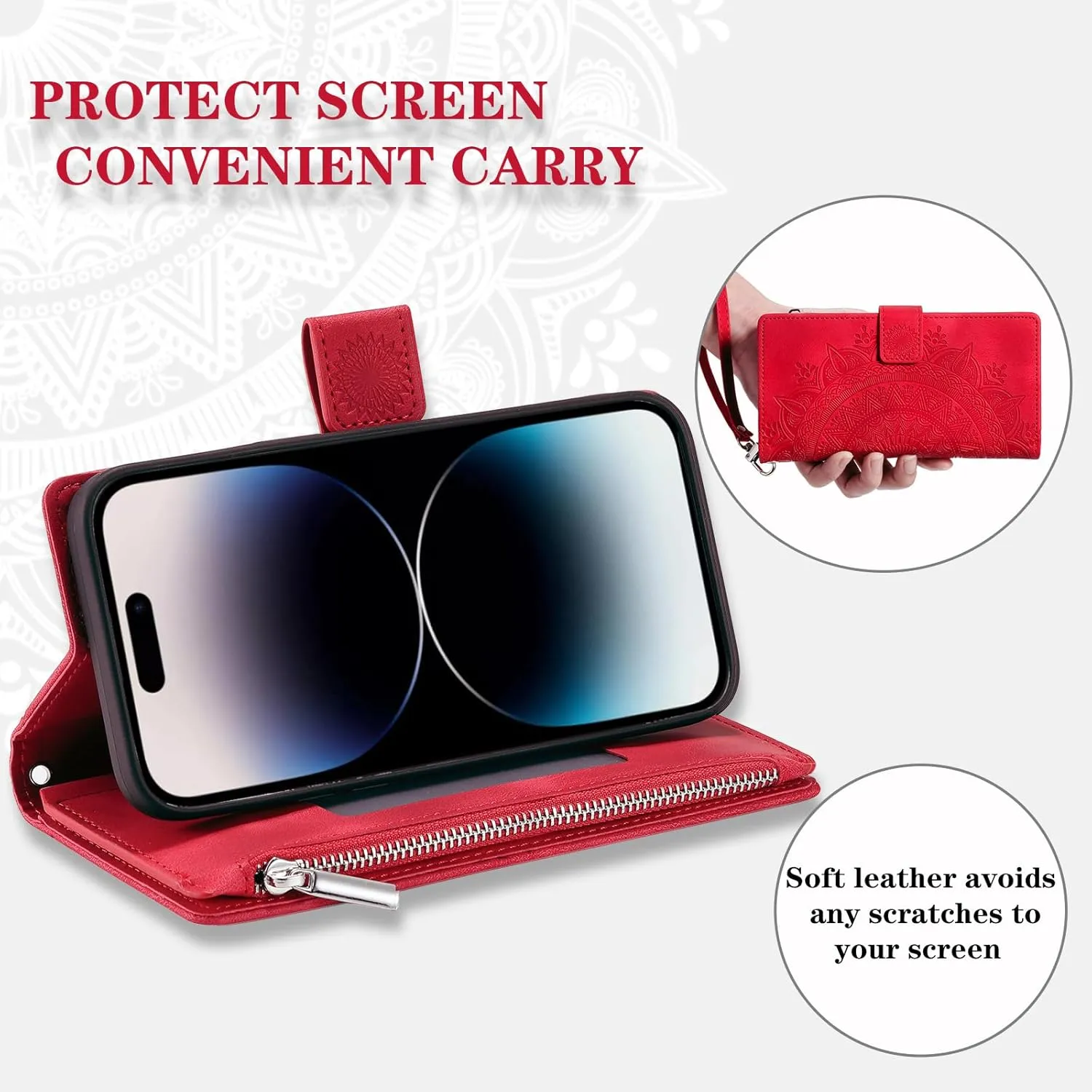 Crossbody Wallet Case for iPhone 14 Pro, Leather Case with Lanyard Strap Wristlet Zipper Card Holder, Flip Phone case Cover for iPhone 14 Pro (Red)