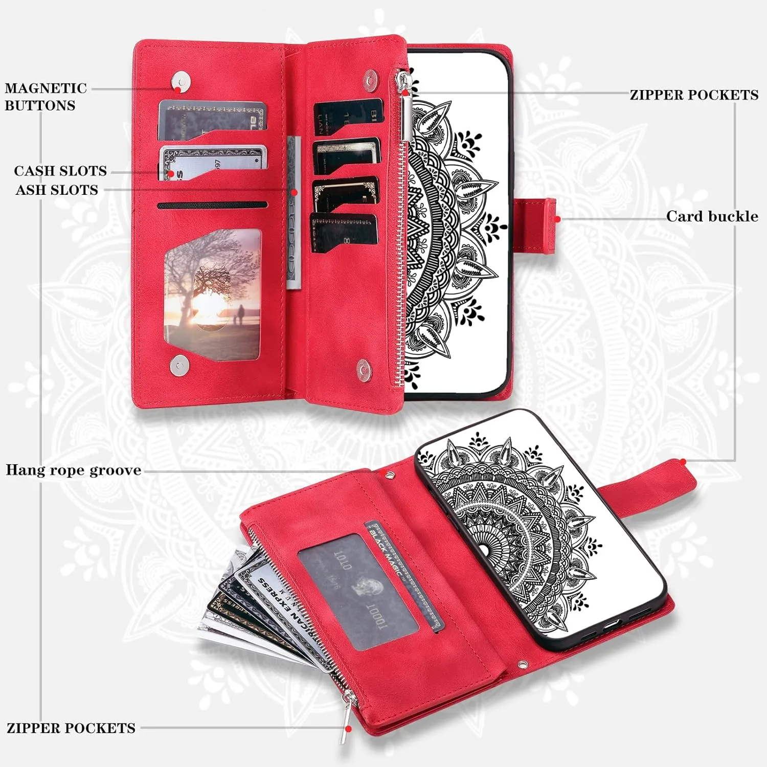 Crossbody Wallet Case for iPhone 14 Pro, Leather Case with Lanyard Strap Wristlet Zipper Card Holder, Flip Phone case Cover for iPhone 14 Pro (Red)