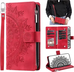 Crossbody Wallet Case for iPhone 14 Pro, Leather Case with Lanyard Strap Wristlet Zipper Card Holder, Flip Phone case Cover for iPhone 14 Pro (Red)