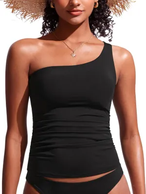 CRZ YOGA One Shoulder Tankini Tops for Women Ruched Bathing Suits Tummy Control Adjustable Swimsuit Only No Bottom Padded