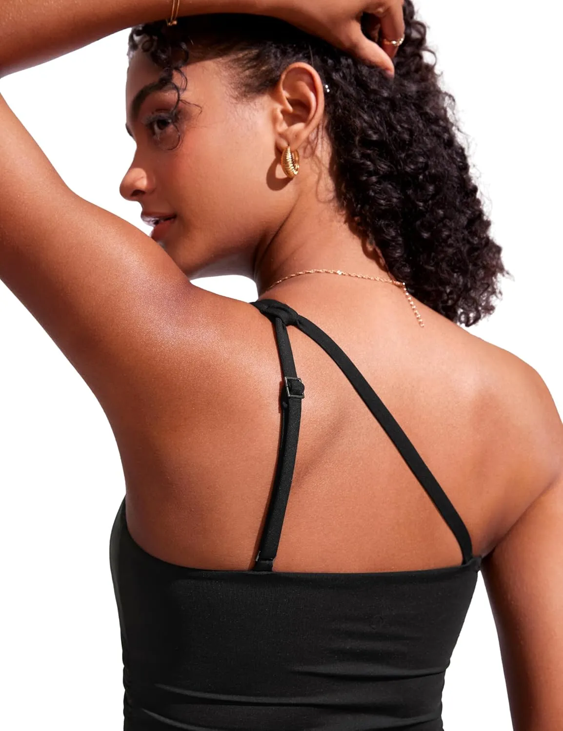 CRZ YOGA One Shoulder Tankini Tops for Women Ruched Bathing Suits Tummy Control Adjustable Swimsuit Only No Bottom Padded