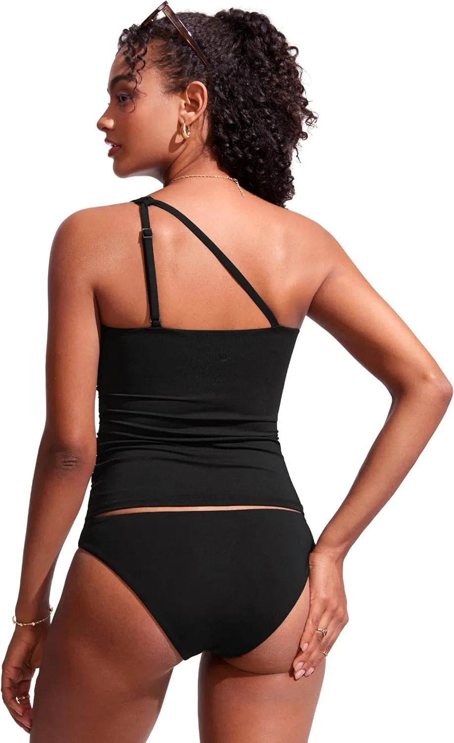 CRZ YOGA One Shoulder Tankini Tops for Women Ruched Bathing Suits Tummy Control Adjustable Swimsuit Only No Bottom Padded