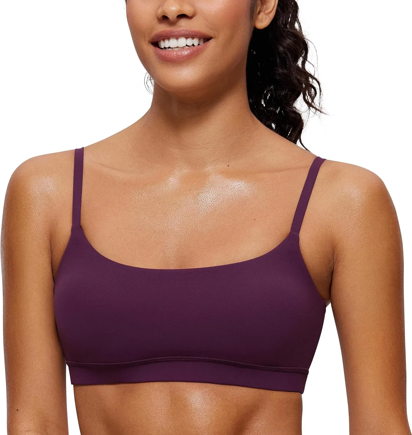 CRZ YOGA Womens Butterluxe Adjustable Spaghetti Strap Sports Bra - Scoop Neck Wireless Padded Yoga Workout Crop Top