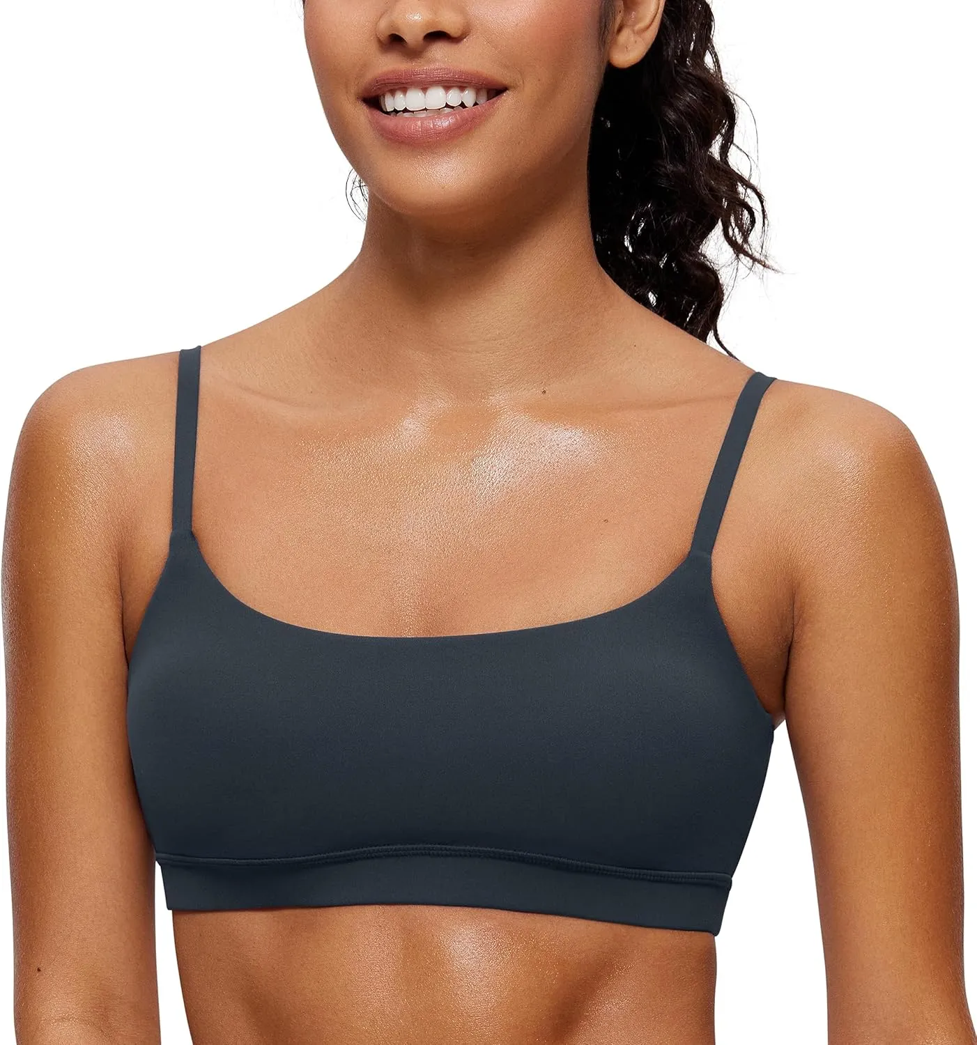 CRZ YOGA Womens Butterluxe Adjustable Spaghetti Strap Sports Bra - Scoop Neck Wireless Padded Yoga Workout Crop Top