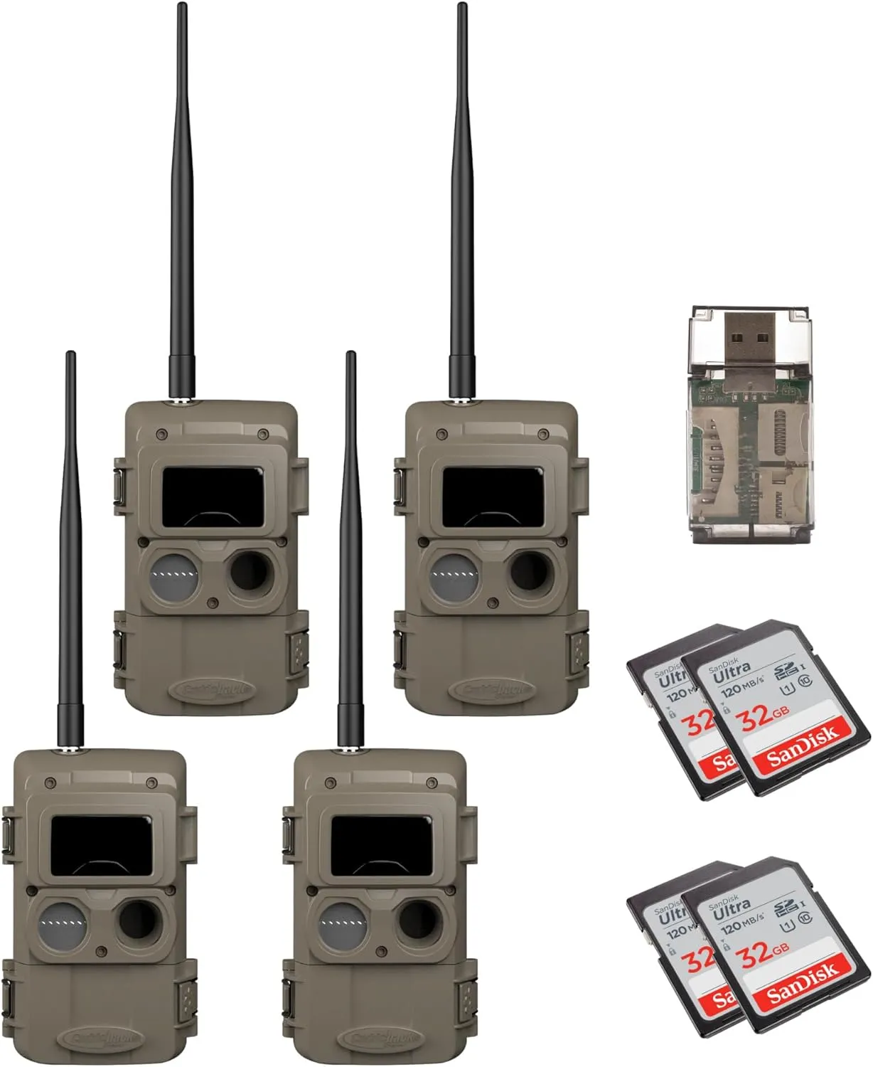 Cuddeback CuddeLink Wireless Trail Camera System - 3rd Gen Sensor Technology for Wildlife Monitoring - Expandable Range, Fast Trigger Speeds Bundle with 32 GB Memory Cards, and Card Reader (4-Pack)
